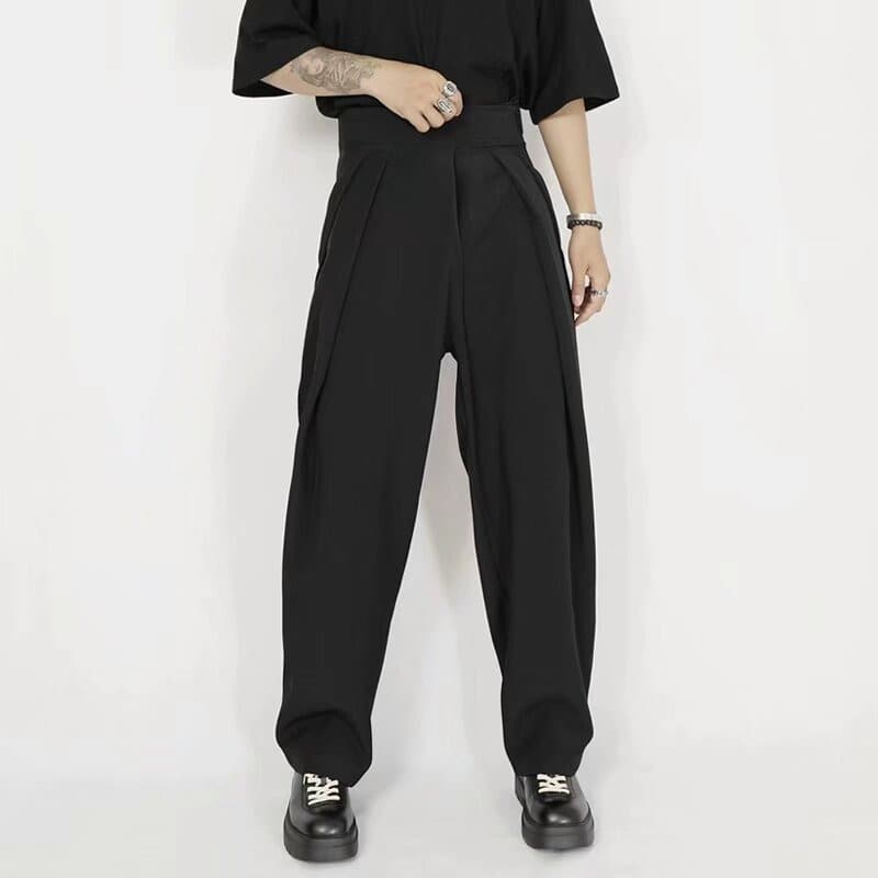 タックワイドパンツ 黒のゆったりサルエル袴パンツ メンズ