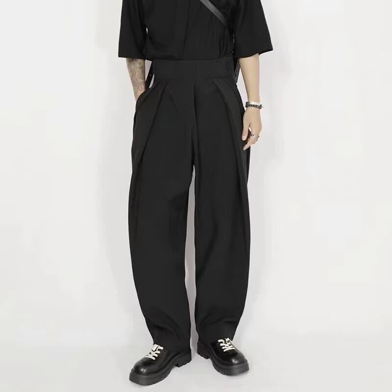 タックワイドパンツ 黒のゆったりサルエル袴パンツ メンズ