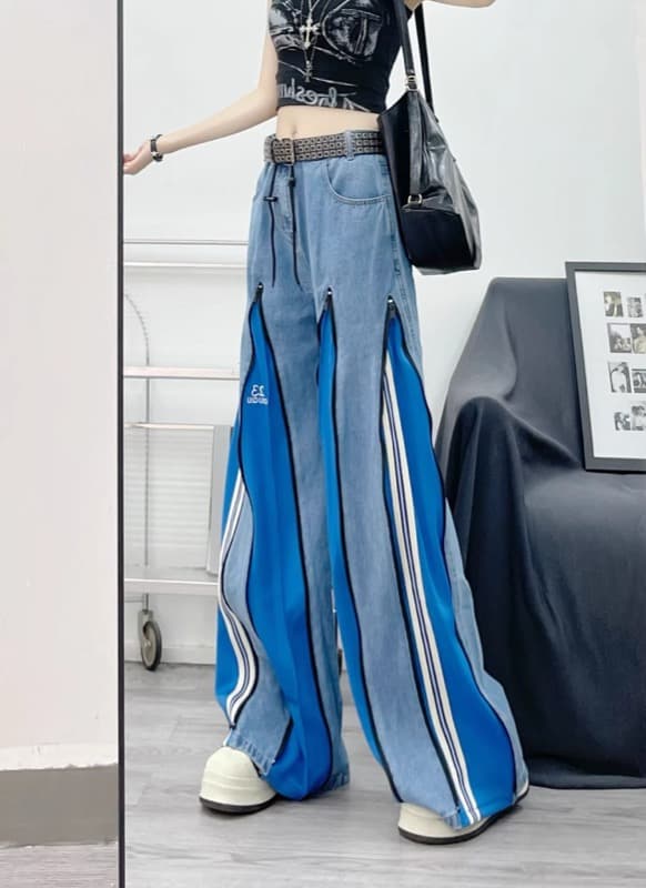 タックワイドパンツ バイカラーデニムワイドパンツ レディース