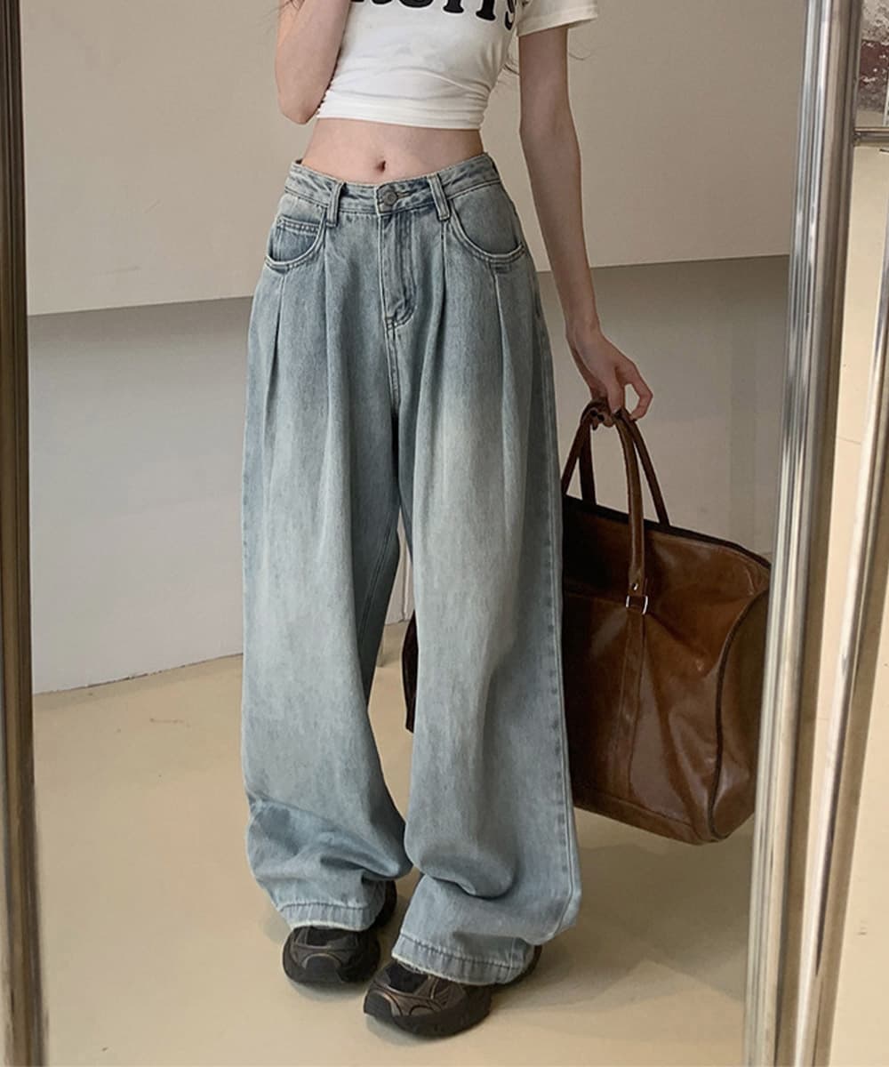 タックワイドパンツ タックワイドデニムパンツ レディース 韓国風 ゆったり美脚