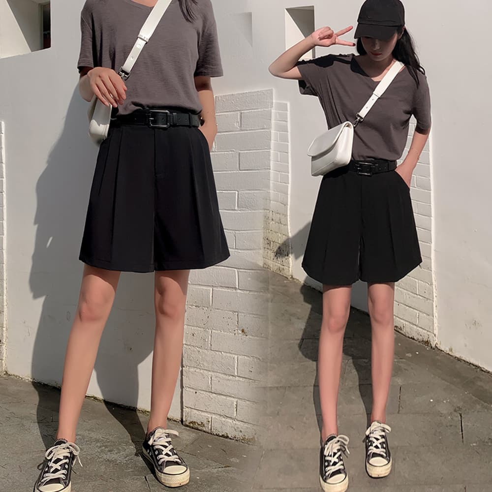 タックワイドパンツ 大人可愛いタック入りワイドハーフパンツ夏用