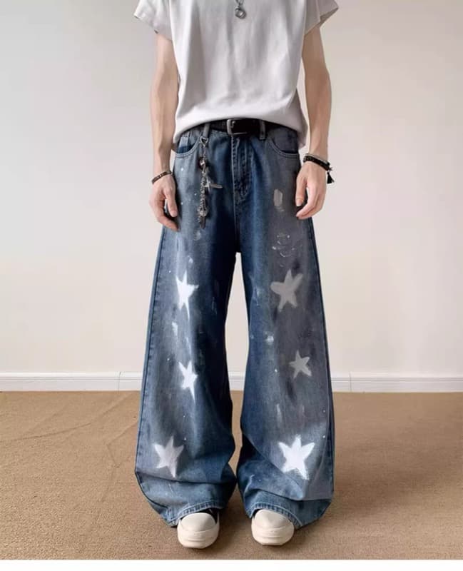 タックワイドパンツ 星柄デザイン ワイドデニム ダメージ加工 メンズジーンズ