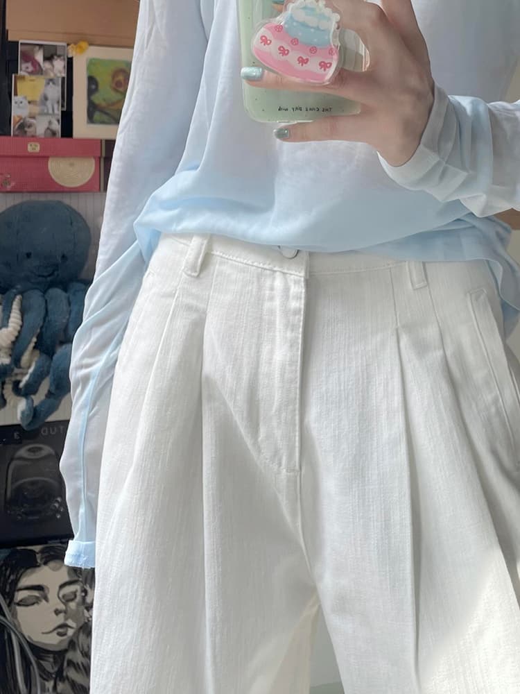 タックワイドパンツ ゆったりドレープリネンタックパンツ