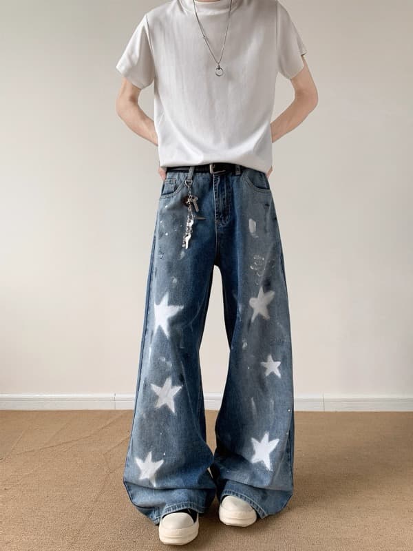 タックワイドパンツ 星柄デザイン ワイドデニム ダメージ加工 メンズジーンズ