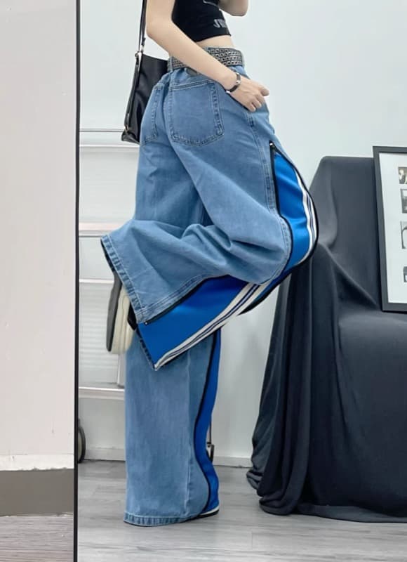 タックワイドパンツ バイカラーデニムワイドパンツ レディース