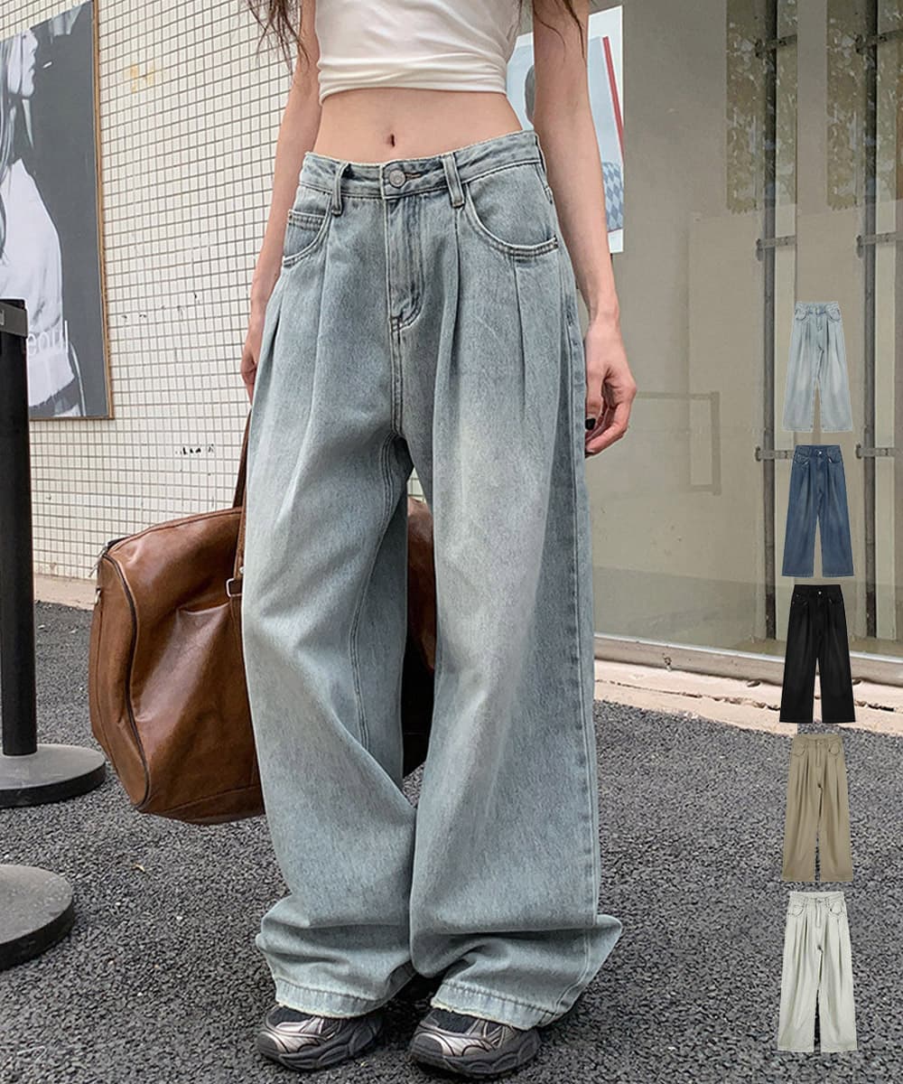 タックワイドパンツ タックワイドデニムパンツ レディース 韓国風 ゆったり美脚