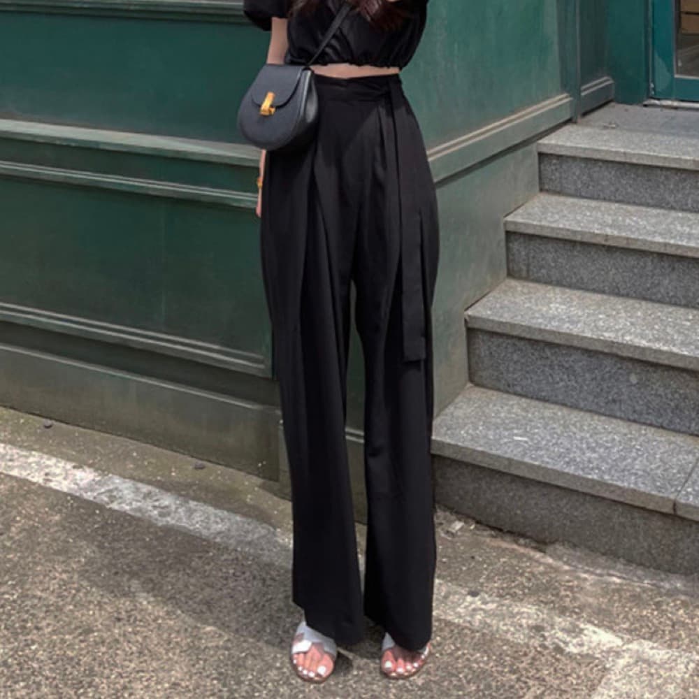 ハイウエスト タックワイドパンツ ウエストひも ゆったりストレート