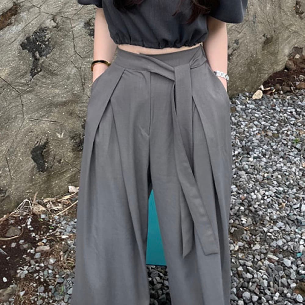 ハイウエスト タックワイドパンツ ウエストひも ゆったりストレート