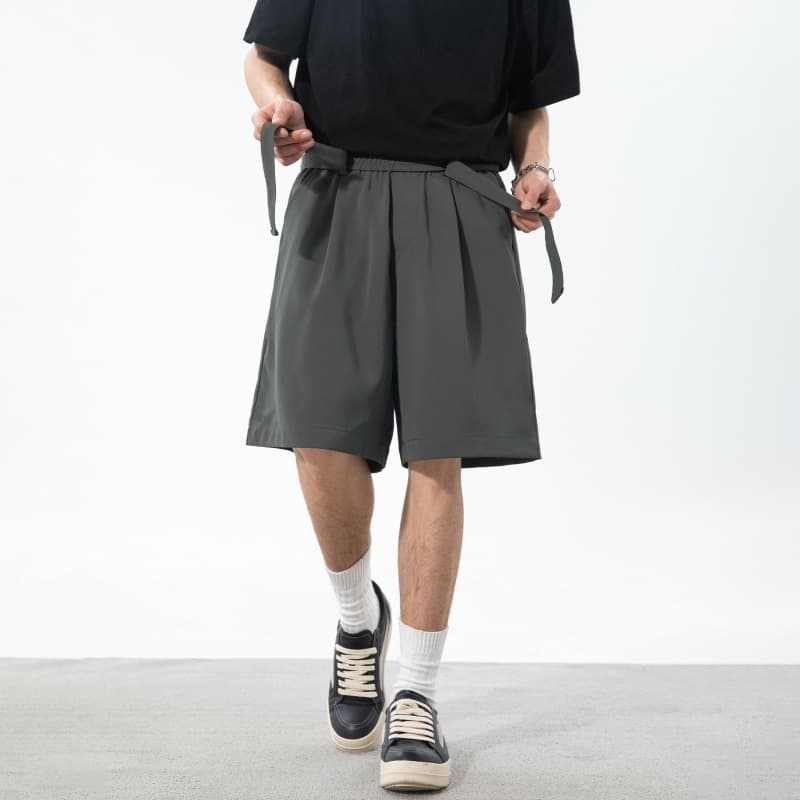 タックワイドパンツ 紐付きゆったりショートパンツ