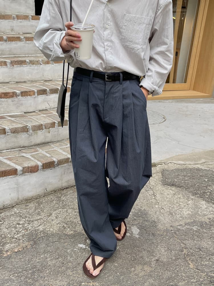 タックワイドパンツ 麻混素材 ダブルタック ワイドパンツ 男性用
