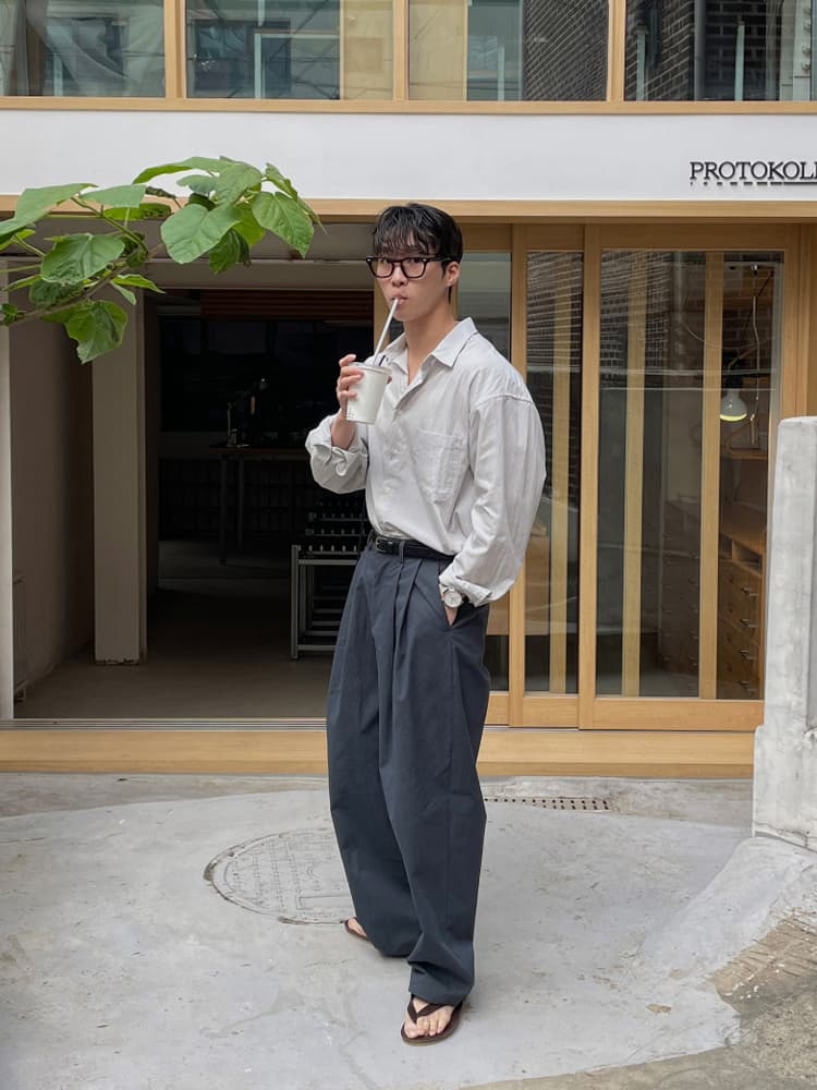 タックワイドパンツ 麻混素材 ダブルタック ワイドパンツ 男性用