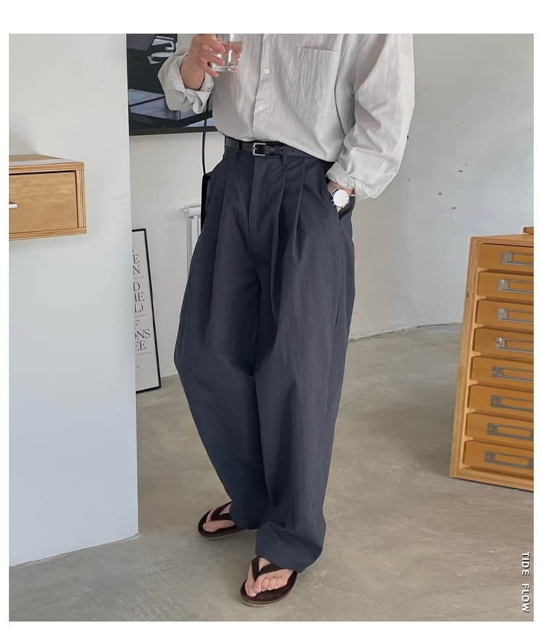 タックワイドパンツ 麻混素材 ダブルタック ワイドパンツ 男性用