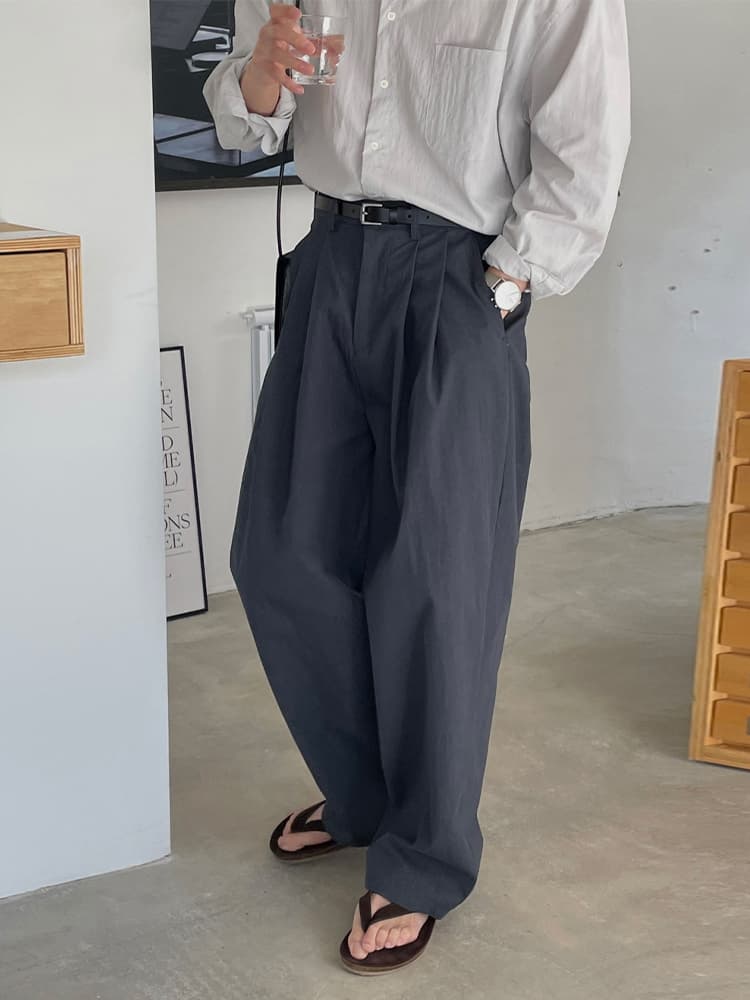 タックワイドパンツ 麻混素材 ダブルタック ワイドパンツ 男性用