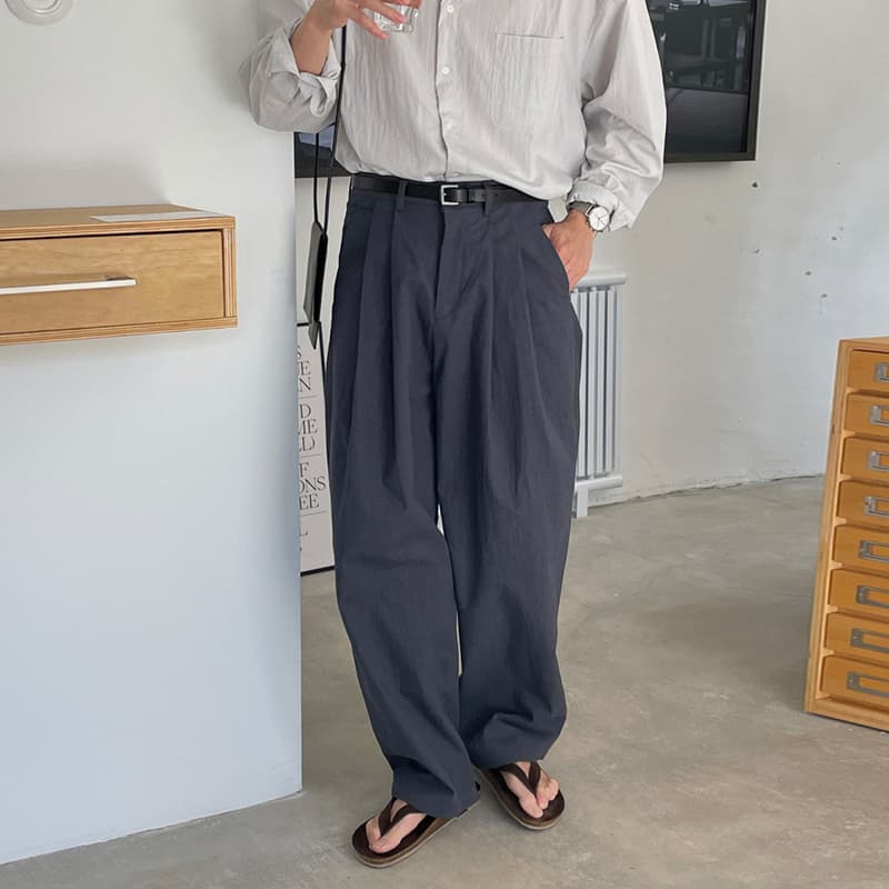 タックワイドパンツ 麻混素材 ダブルタック ワイドパンツ 男性用
