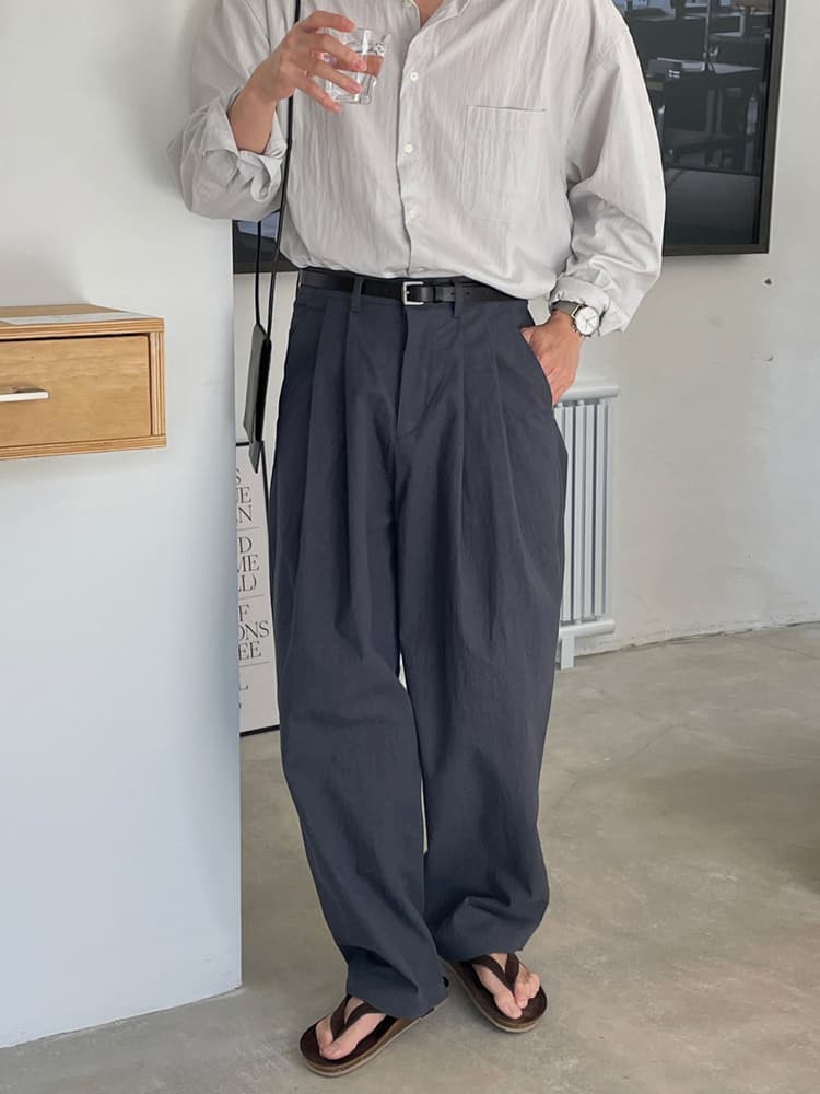 タックワイドパンツ 麻混素材 ダブルタック ワイドパンツ 男性用